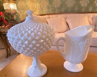 Westmoreland Sawtooth Milk Glass Compote and  Indiana Milk Glass Pitcher
