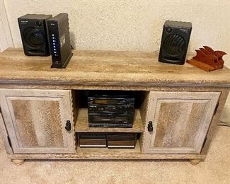 Small stereo component set  and wooden distressed entertainment center