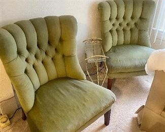 Pair of French tufted green velvet upholstered chairs