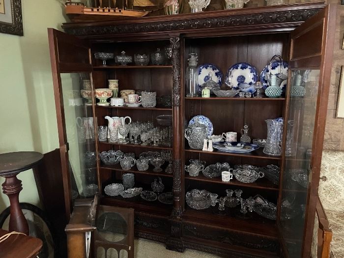 The cabinet and all items inside for sale antique glass cut and pressed 