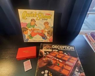 Vintage Board Game Bundle - Quick Shoot, Deception, Dominos, Playing Cards