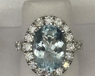 5 ct Aquamarine Solitaire with over 1 ct of VS diamonds in solid gold ring