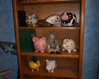 bookcase, Piggy banks, books