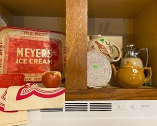 Vintage ice cream tray, antique apple bank and misc.
