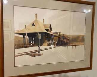 Large original watercolor of train station.