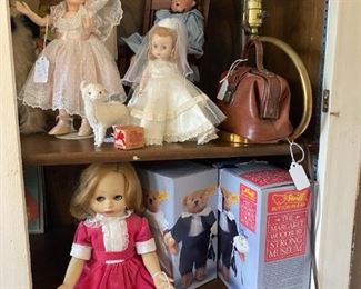 Some of the dolls available, Steiff ringbearer and flower girl bears NIB, and child's vintage doctor's bag.