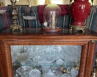Small display cabinet w/ pressed & cut glass, decorative scales