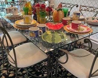 Wrought iron glass top table & 6 chairs