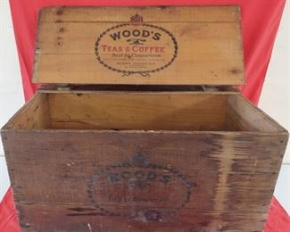 LARGE WOODEN ADVERTISING BOX “WOOD’S TEAS & COFFEE” 