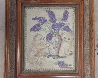 FRAMED NEEDLEWORK WITH CATS AND VASE OF FLOWERS