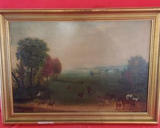 ANTIQUE OIL ON CANVAS LANDSCAPE PAINTING WITH HORSES & COWS 