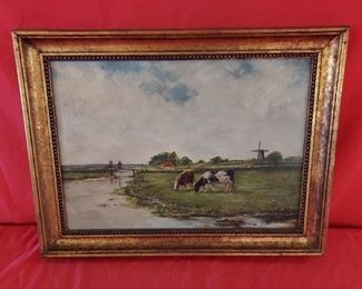 ANTIQUE OIL ON CANVAS LANDSCAPE PAINTING WITH COWS, RIVER, WINDMILL ETC. - ARTIST SIGNED 