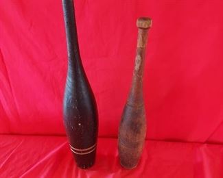 ANTIQUE WOODEN INDIAN CLUBS - ONE IN OLD PAINT 