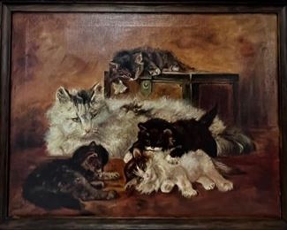 ANTIQUE OIL ON CANVAS OF MOTHER CAT AND HER KITTENS - ARTIST SIGNED 