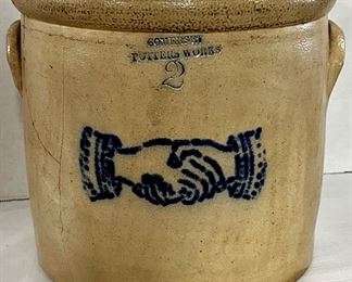 UNUSUAL 19th CENTURY BLUE DECORATED 2 GALLON STONEWARE CROCK WITH “SHAKING HANDS” - IMPRESSED MARK “SOMERSET POTTERS WORKS” 