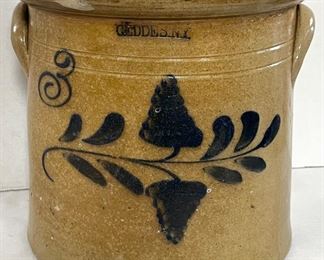 19th CENTURY 3 GALLON BLUE DECORATED STONEWARE CROCK - IMPRESSED MARK “GEDDES N.Y.” Chip to lip, otherwise in good overall condition 