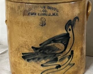 19th CENTURY 3 GALLON BLUE DECORATED STONEWARE CROCK WITH ELABORATE BIRD DECORATION - IMPRESSED MARK “OTTMAN BRO’S & CO. / FORT EDWARD, N.Y.” - missing left side handle, otherwise in good overall condition 