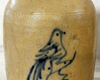 19th CENTURY BLUE DECORATED STONEWARE JAR WITH BIRD 