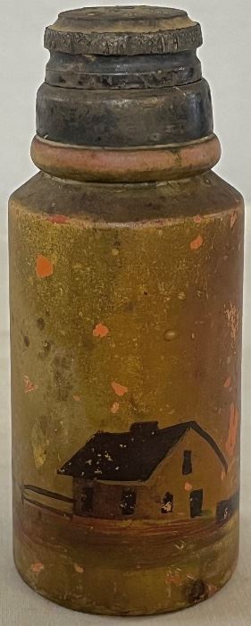 UNUSUAL REDWARE HAND PAINTED SHAKER WITH LANDSCAPE SCENE 