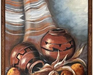 NATIVE AMERICAN OIL ON CANVAS STILL LIFE PAINTING - ARTIST SIGNED C. MIG 
