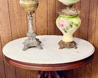 VICTORIAN WALNUT MARBLE TOP PARLOR TABLE…TWO BEAUTIFUL VICTORIAN PARLOR OIL LAMPS  