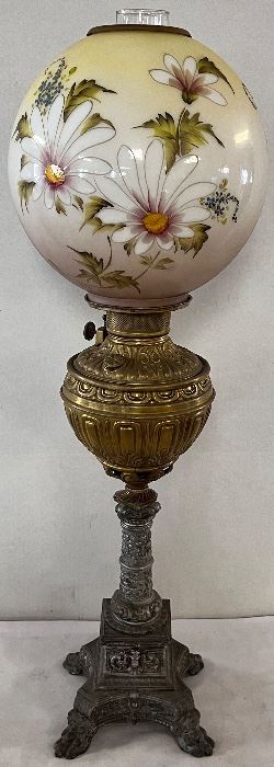 ELABORATE VICTORIAN OIL PARLOR LAMP WITH HAND PAINTED BALL GLOBE / SHADE