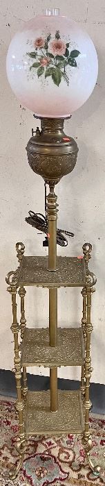 VICTORIAN BRASS PIANO LAMP WITH HAND PAINTED BALL GLOBE / SHADE