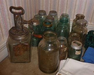 butter churn / old canning jars 