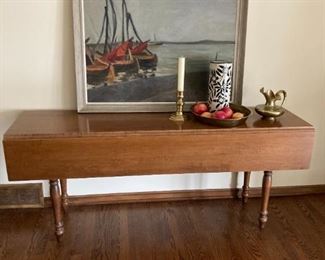Stunning drop-leaf harvest table, 6 feet long, 20" deep with leaves down, 40"deep open