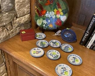 Peggy Karr glass and Hadly good wishes plates