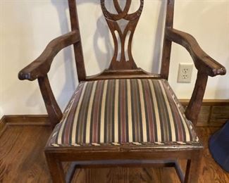 Very fine Chippendale oak chair set, 2 armchairs and 6 side chairs with attractive striped upholstery seats