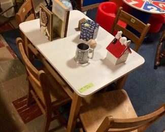 Child's art table, Four children's oak chairs