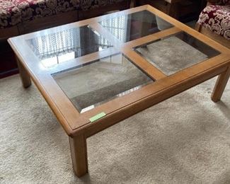 Large rectangular oak coffee table with beveled glass inserts