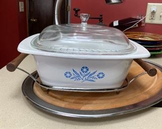Vintage Corningware covered casserole with wooden handles