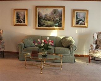 Overview Sherrill Sofa Sherrill Wing Back Chairs, Brass Glass Table, Kincaid Art, Boxes, Vase