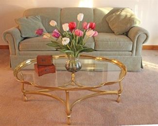 Sherrill Sofa, Scalloped Brass and Glass Coffee Table, Wood Boxes, Vase