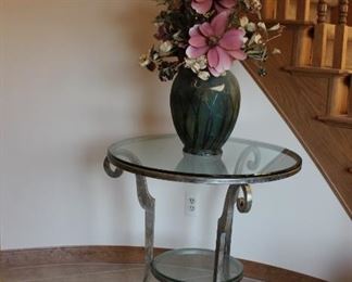 Round Glass Top and Metal Table and Vase with Florals