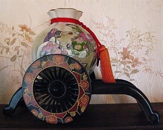 Vintage Japanese Vase With Rickshaw Stand
