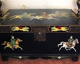 Singapore Black Lacquered Chest Figural Hand-Painted