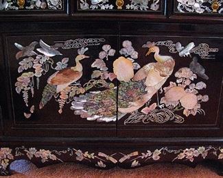 Vintage Oriental Black Lacquered Mother of Pearl Inlay Cabinet Table