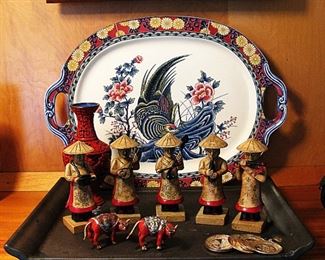  Oval Bird Transferware Oriental Serving Platter - Vintage Hand Carved Marble Vietnamese Musicians