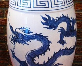 Vintage White And Blue Chinoiserie Hand Painted Dragon Garden Stool / Side Table 