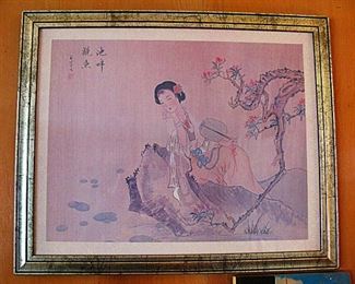Antique Vintage Japanese Chinese Painting Geisha Girl Print Signed Framed