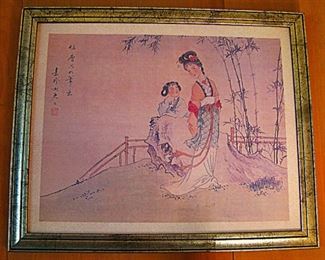Antique Vintage Chinese Two Women In Nature Print Signed Framed