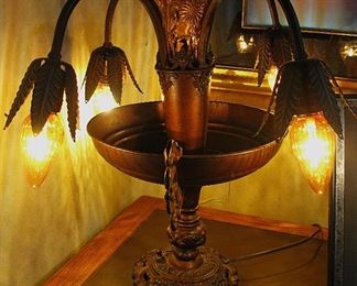 Antique Victorian Amber Prism Copper Epergne Tulip 3 Way Lamp