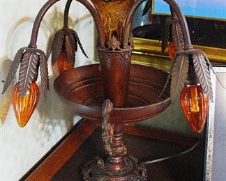 Antique Victorian Amber Prism Copper Epergne Tulip 3 Way Lamp