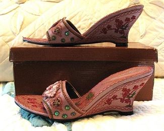 New Leather Hand Embroidered Beaded Wedge Sandals