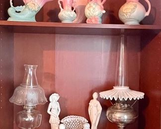 Vintage Hull Pottery, Fenton Opalescent Hobnail, Antique Oil Lamps