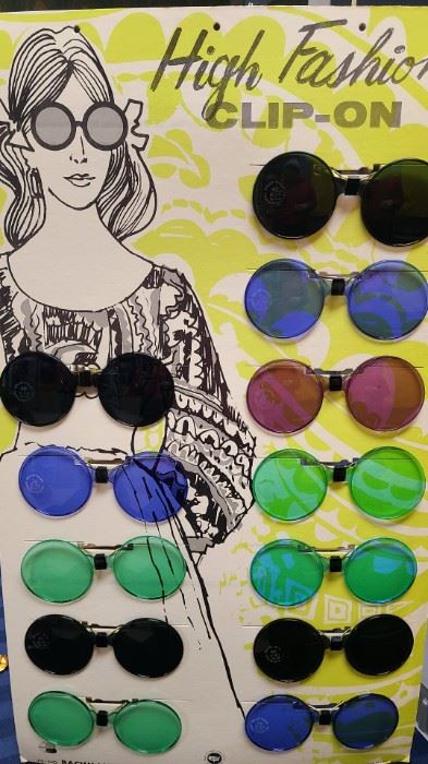 Full display cards of vintage sunglasses and more