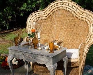 Majestic Wicker Double Throne, Hard to Find! Priced firm at $2,000.  84" high and 70" wide.  Beautiful used for bride and groom wedding dining with a sweetheart table or as a couples engagement or baby shower centerpiece with a low table.